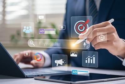  image of a business person working on marketing material and using AI for Prompts